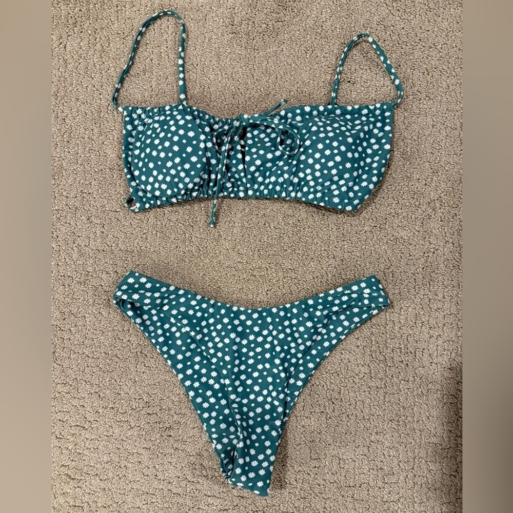 Zaful Green Bikini With White Floral Design, Size M